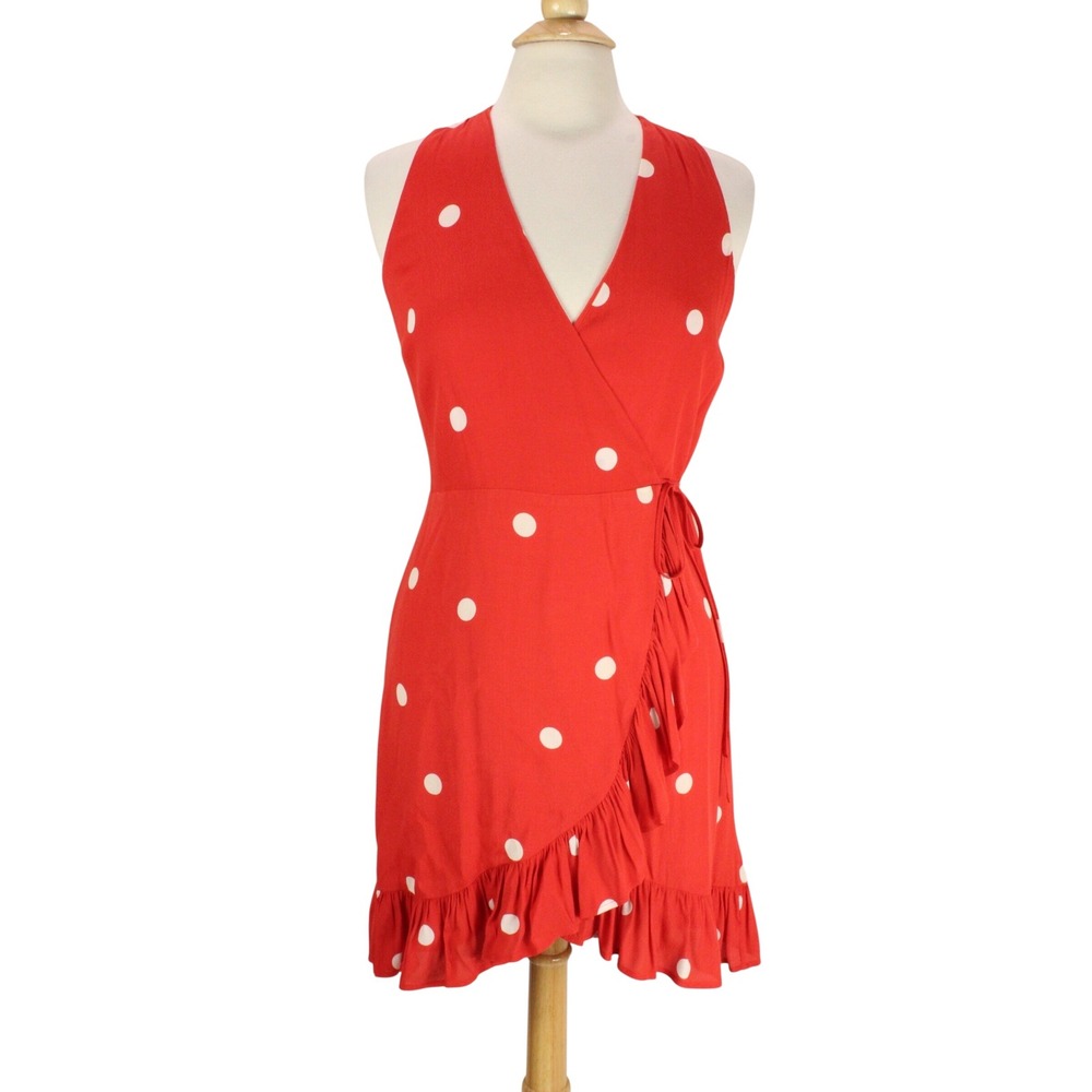 Rails Women's Red Polka Dot Sleeveless Wrap Dress‎ Ruffle Hem Small